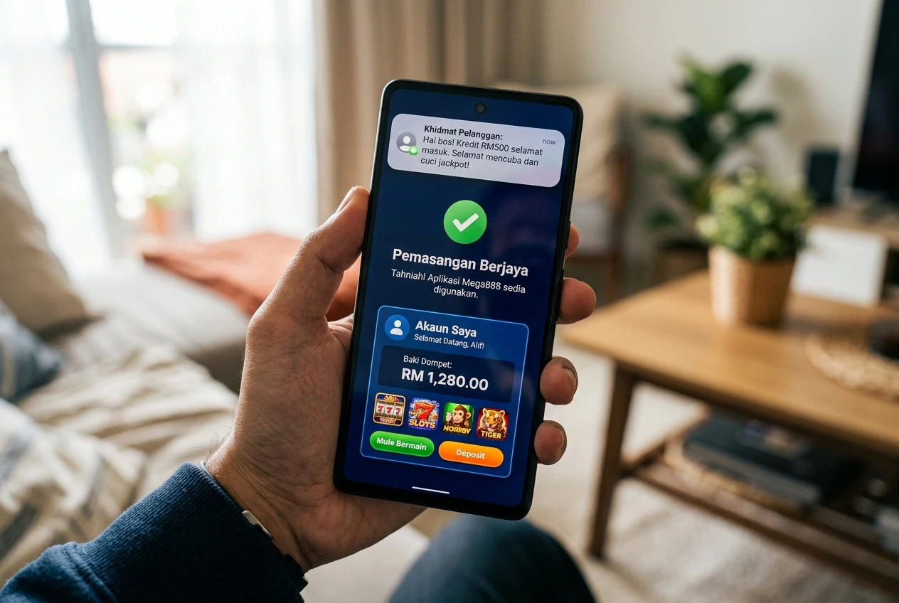 Tangkapan skrin pengguna berjaya install APK Mega888 dan berhubung dengan khidmat pelanggan